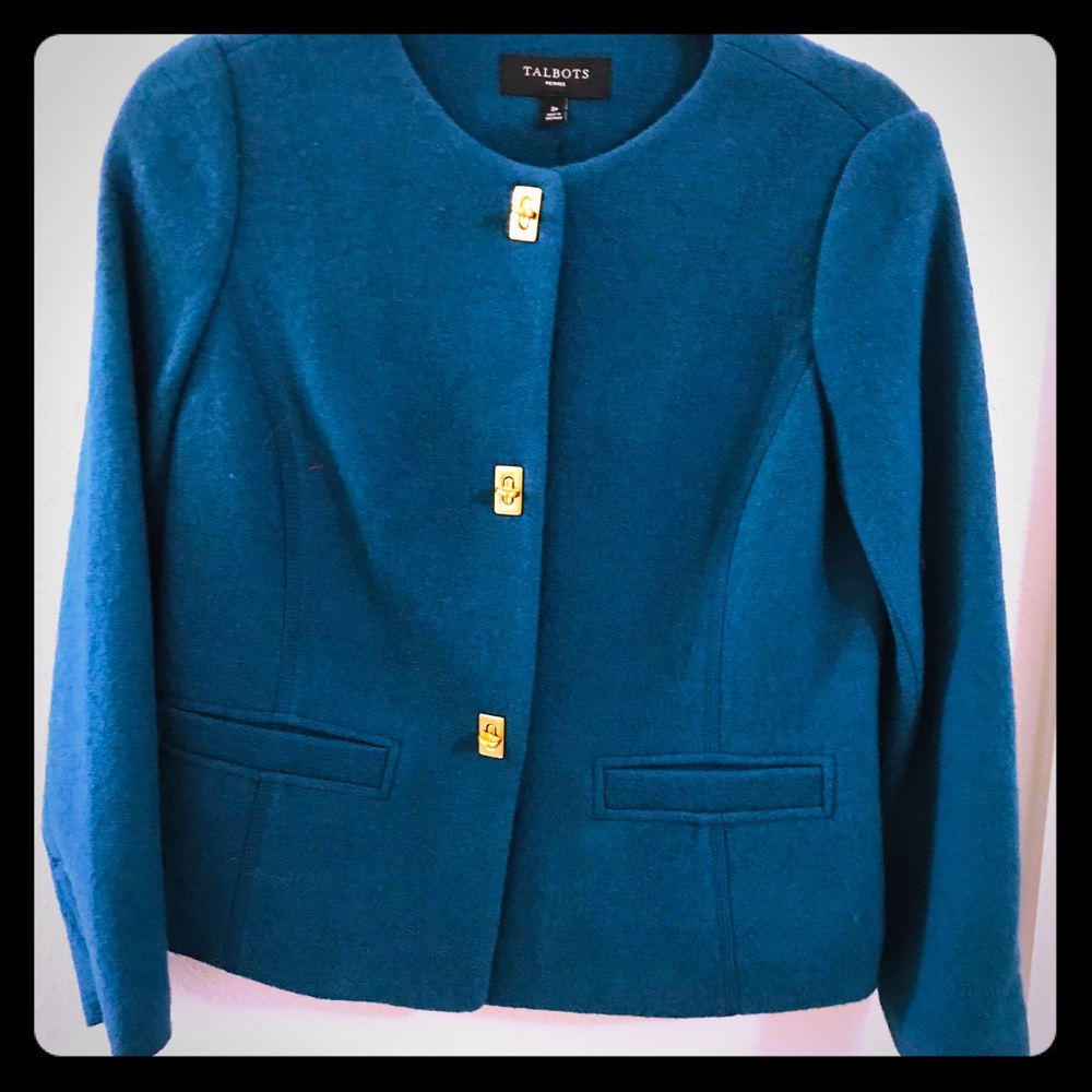 Talbots Teal collarless gold button jacket